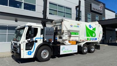 Pacific Coast Heavy Truck Group, based in Langley, British Columbia, Canada is now a Mack Trucks Certified Electric Vehicle (EV) Dealer. This designation means that Pacific Coast went through stringent requirements so that it would be able to service and support the Mack® LR Electric refuse model. Pictured above is the LR Electric at Pacific Coast in Langley.