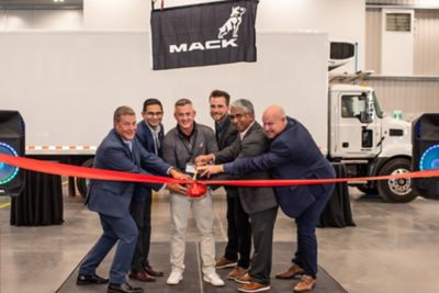 Mack Trucks today announced that its dealer TransWestern Truck Centres relocated and opened a new full-service facility in Southeast Calgary, Alberta, Canada. The investment in the new location will improve serviceability and operational efficiency. Pictured left to right during the open house Sept. 12 are Chris Gossler, Mack vice president of Channel Development, Manish Sharma, service manager for TransWestern Truck Centres, Matt Davison, senior vice president of Distribution and Development, Luke Behnke, sales manager for TransWestern, Govi Kannan, Mack global product owner, and Wayne McDonald, Mack regional vice president for Canada.