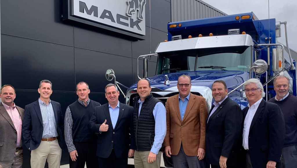 (Photo from 2019) Bergey’s Truck Centers of Pennsauken, New Jersey, is the Mack Trucks 2020 North American Dealer of the Year. Mack named Bergey’s the winner virtually during the Mack annual dealer meeting. Pictured left to right in the 2019 photo are Bill Schenck, director of heavy-duty truck sales, Stephen Rybacki, director of medium-duty truck sales, Dave Schlosser, vice president of commercial operations, Martin Weissburg, president of Mack Trucks, Mark Bergey, CEO of Bergey’s Truck Centers, James Gavaghan, president, Jonathan Randall, Mack Trucks senior vice president of North American sales and commercial operations, Pat Meehan, sales manager, Richard Ciesielka, vice president of lease/rental and remarketing.