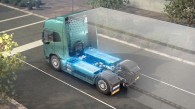 A heavy-duty electric truck, with batteries shown.