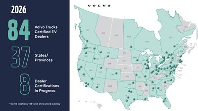 Map of Volvo Trucks Certified EV Dealer in America - 84 in total across 27 states/provinces, 8 of which are getting certified