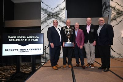 Mack Trucks recently announced that Bergey’s Truck Centers of Souderton, Pennsylvania, is Mack’s 2025 North American Dealer of the Year. Pictured left to right are Jonathan Randall, president of Mack Trucks North America, Mark Bergey, CEO of Bergey’s Truck Centers, Stephen Roy, global president of Mack Trucks, Jim Gavaghan, Bergey’s Commercial Group president, and Dean Bestwick, Mack Regional Vice President – Northeast. 