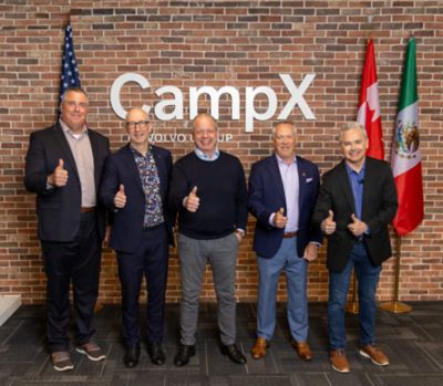 Volvo Group Expands CampX Innovation Hub in North America to accelerate sustainable transport. Volvo Group executives inaugurated the hub with a ribbon-cutting ceremony on the Greensboro, North Carolina campus. Pictured left to right are Rob Kinter, vice president program management Group Trucks Technology, Lars Stenqvist, CTO and executive vice president Group Trucks Technology, Martin Lundstedt, president Volvo Group and CEO, Stephen Roy, Volvo Group North America (VGNA) chairman and Mack Trucks president and Chris Coulter, senior innovation manager and CampX North America hub lead.