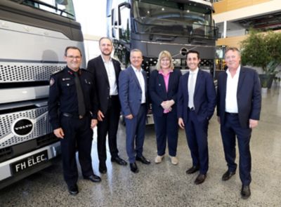 L-R:  ​Steve Smith, Commissioner Queensland Fire Department;  Cameron Bettany, Vice President of Group Governmental Sales at Volvo Group Australia;  Martin Merrick, President and CEO of Volvo Group Australia;  Ann Leahy MP, Minister for Local Government and Water and Minister for Fire, Disaster Recovery and Volunteers;  David Crisafulli, Premier and Minister for Veterans Affairs;   Martin Simpson, CEO of Fraser Engineering Group.