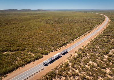 Volvo truck driving on road in Australia