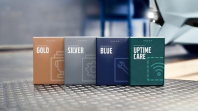 A line-up boxes with print, showing the range of service contracts: Gold Contract, Silver Contract, Blue Contract and Uptime Care Contract.