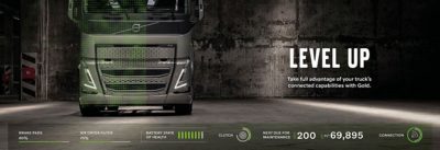 Video-game-style graphics superimposed over a Volvo Truck, showing the performance of the truck's critical components
