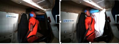 Crash test simulation without (left) and with (right) Volvo Trucks’ integrated side curtain airbag deployed during a rollover. The industry-first technology is now standard on every all-new Volvo VNL and all-new VNR, providing added protection for both drivers and passengers.