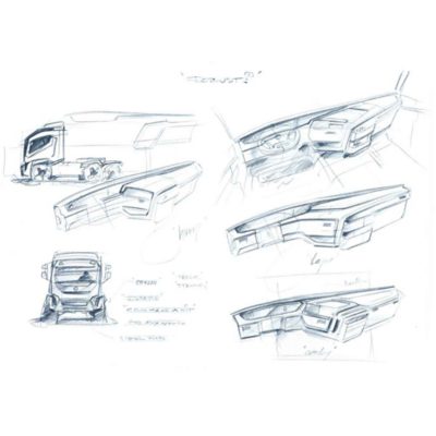 Pencil sketches of the cab dashboard and Volvo FM truck