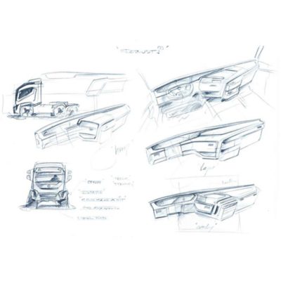 Ceruzavázlatok a fülke műszerfaláról és a Volvo FM teherautóról