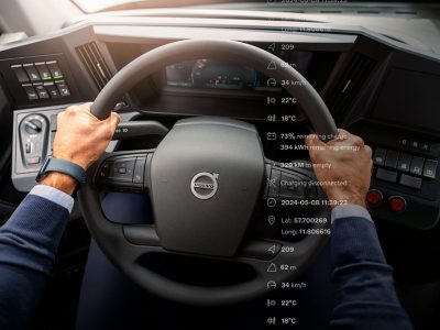 Graphics showing data overlayed on a picture of a bus driver’s hands holding thw steering wheel