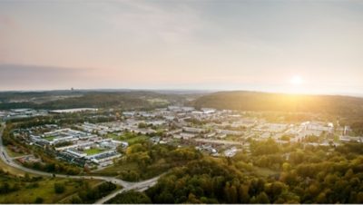 Sunset over a suburban area, where the Volvo BZR Electric could operate in commuter traffic