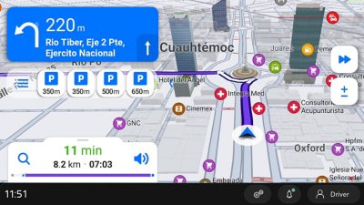 Screen shot from the Sygic Navigation screen while navigating through a city