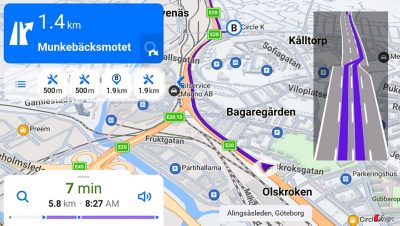 Screen shot from the Sygic Navigation screen while navigating through a city