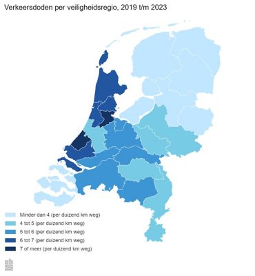 Verkeersdoden per veiligheidsregio, 2019 tot en met 2023