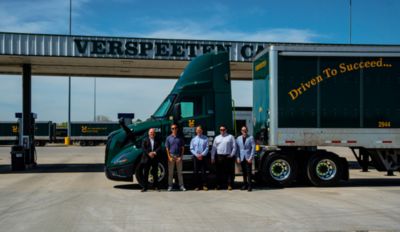 Volvo Trucks North America customer Verspeeten Cartage has taken delivery of the all-new Volvo VNL 300 to its company-owned fleet of 100% Volvo trucks, reinforcing a relationship that spans more than 30 years. Pictured L-R are Peter Currie, district sales manager, Volvo Trucks North America; Scott Verspeeten, president, Verspeeten Cartage Ltd.; Mike Wardle, dealer principal, Gerry’s Truck Centre; Doug Wardle, sales manager, Gerry’s Truck Centre; Matthew Blackman, managing director, Canada, Volvo Trucks North America.