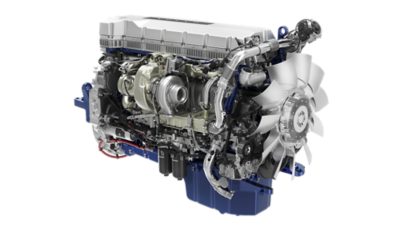  Close-up of a heavy-duty truck engine in a studio setting, highlighting powertrain components and engine design.