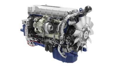 Close-up of a heavy-duty truck engine in a studio setting, highlighting powertrain components and overall engine design.