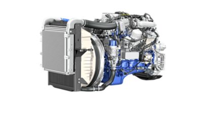Close-up of a medium-duty truck engine in a studio setting, highlighting compact powertrain components and layout.