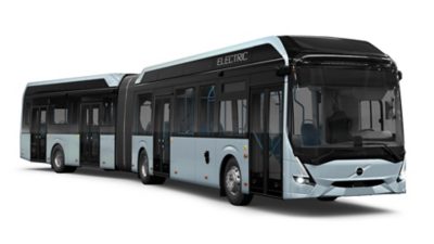 Studio image of a Volvo 7900 Electric articulated city bus