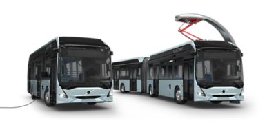 Volvo 7900 Electric buses charging their batteries.