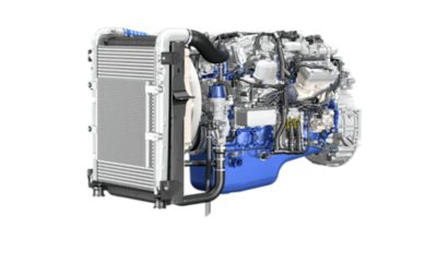 Close-up of a medium-duty truck engine in a studio setting, highlighting compact powertrain components and layout.