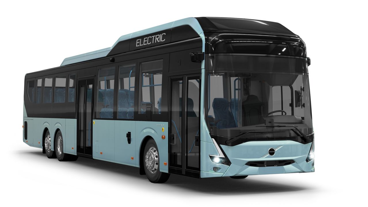 A front and side view of the Volvo 8900 Electric.
