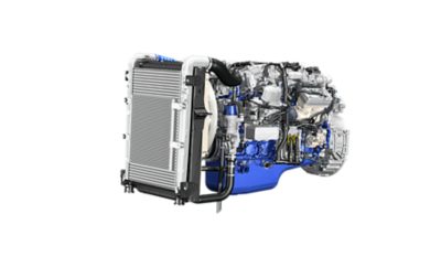 Close-up of a medium-duty truck engine in a studio setting, highlighting compact powertrain components and design.