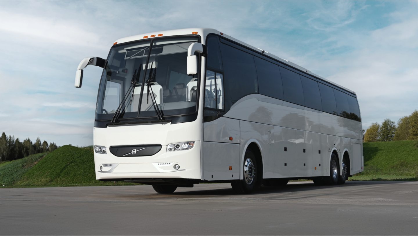 The exterior front and side of a Volvo 9700 coach bus