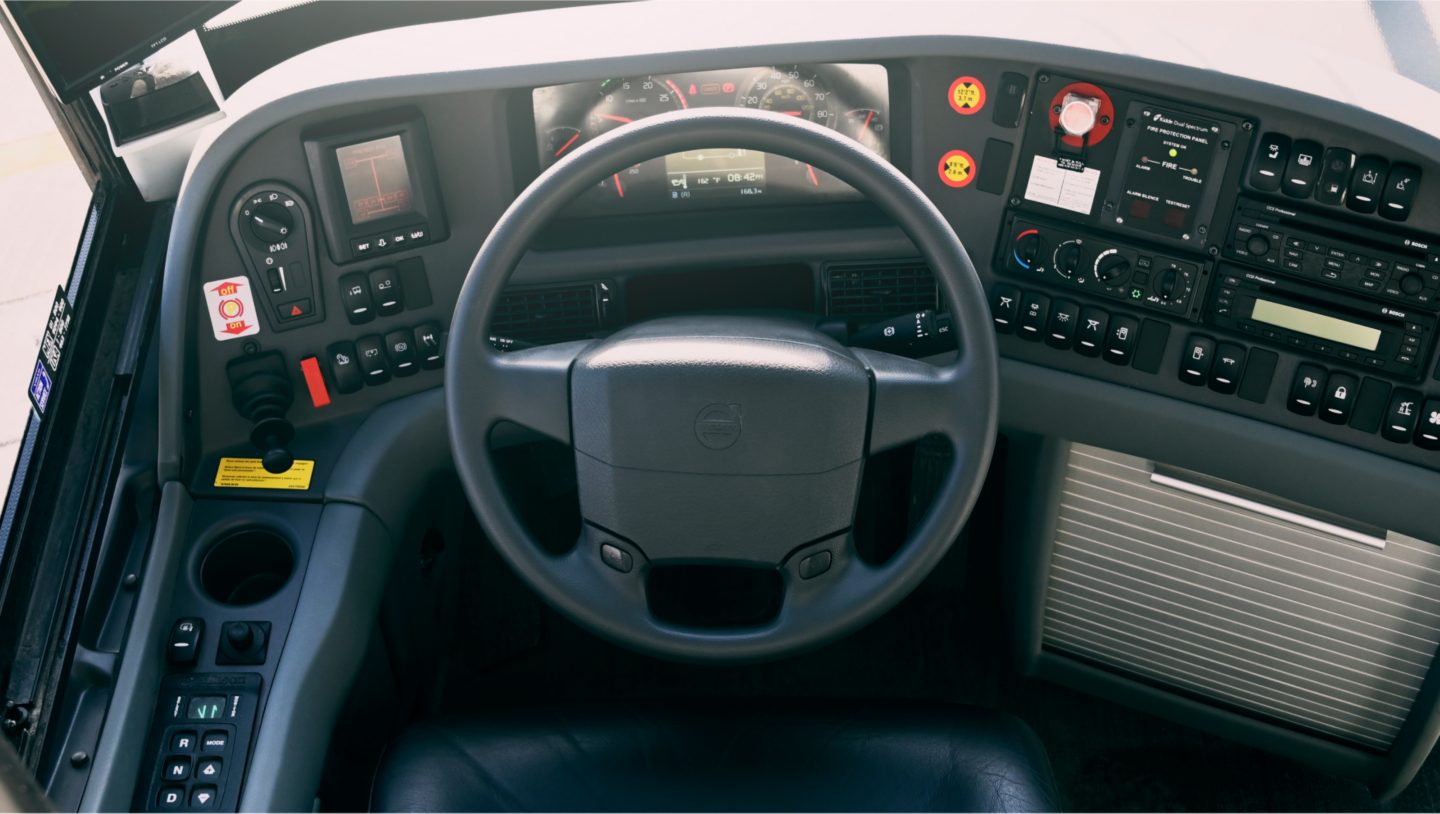 The driver’s compartment of a Volvo 9700