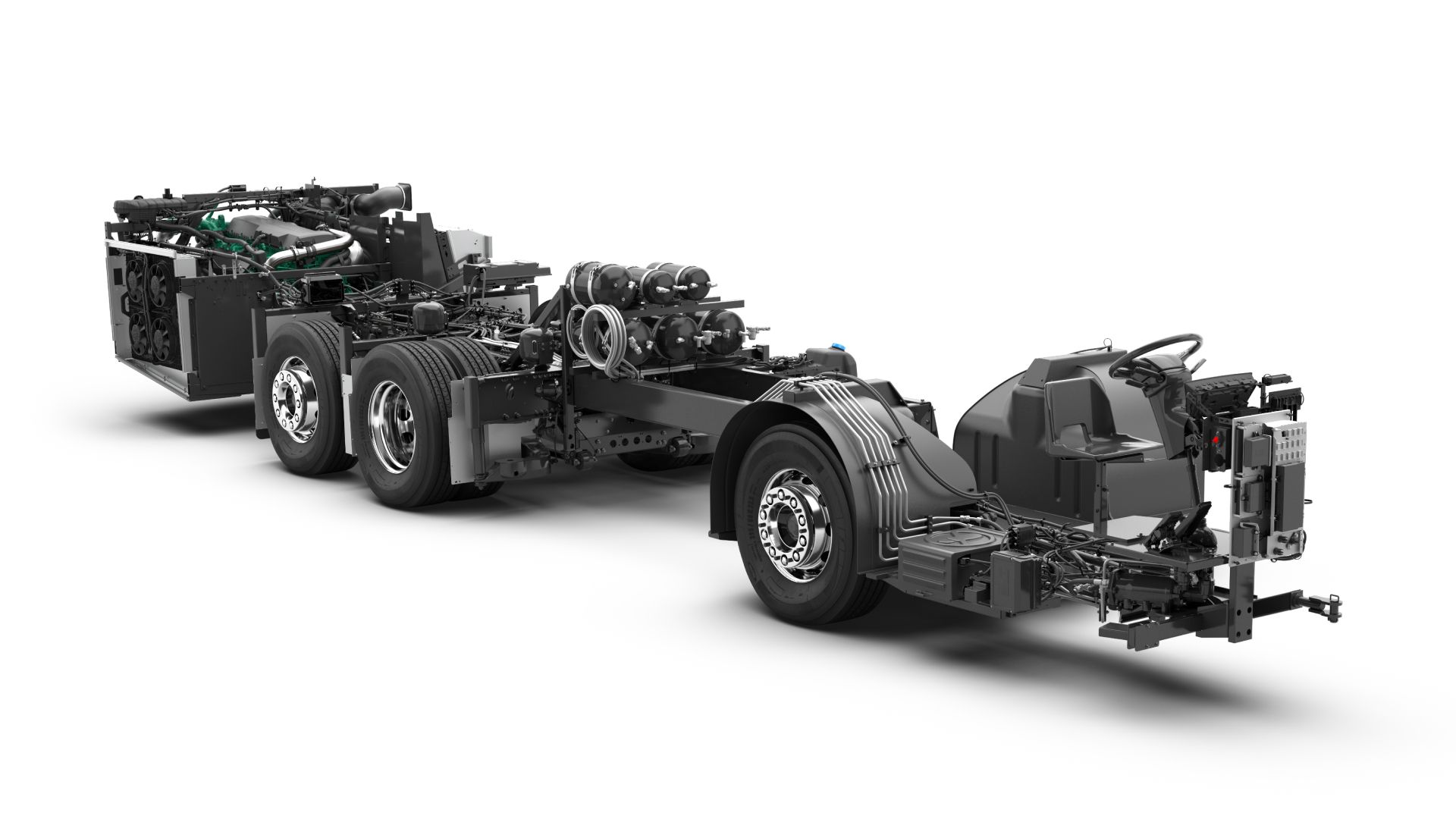 Studio image of a Volvo B13R coach chassis with Euro 6 compliant powertrain 