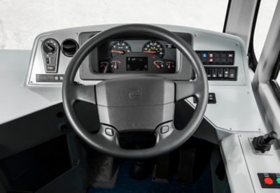 The steering wheel and dashboard of a Volvo B8L DD – MCV Evoseti