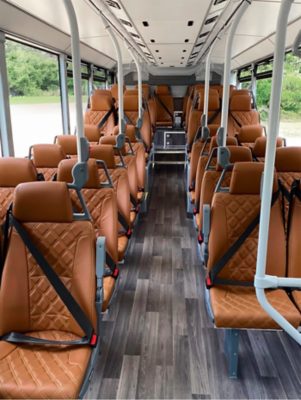 A rearward interior view on the lower deck of a Volvo B8L DD – MCV Evoseti