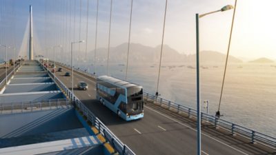 A Volvo BZL Double Decker Electric – MCV crossing a bridge