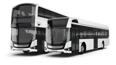 Studio image of a Volvo BZL Double Decker Electric – MCV and a Volvo BZL Electric – MCV 