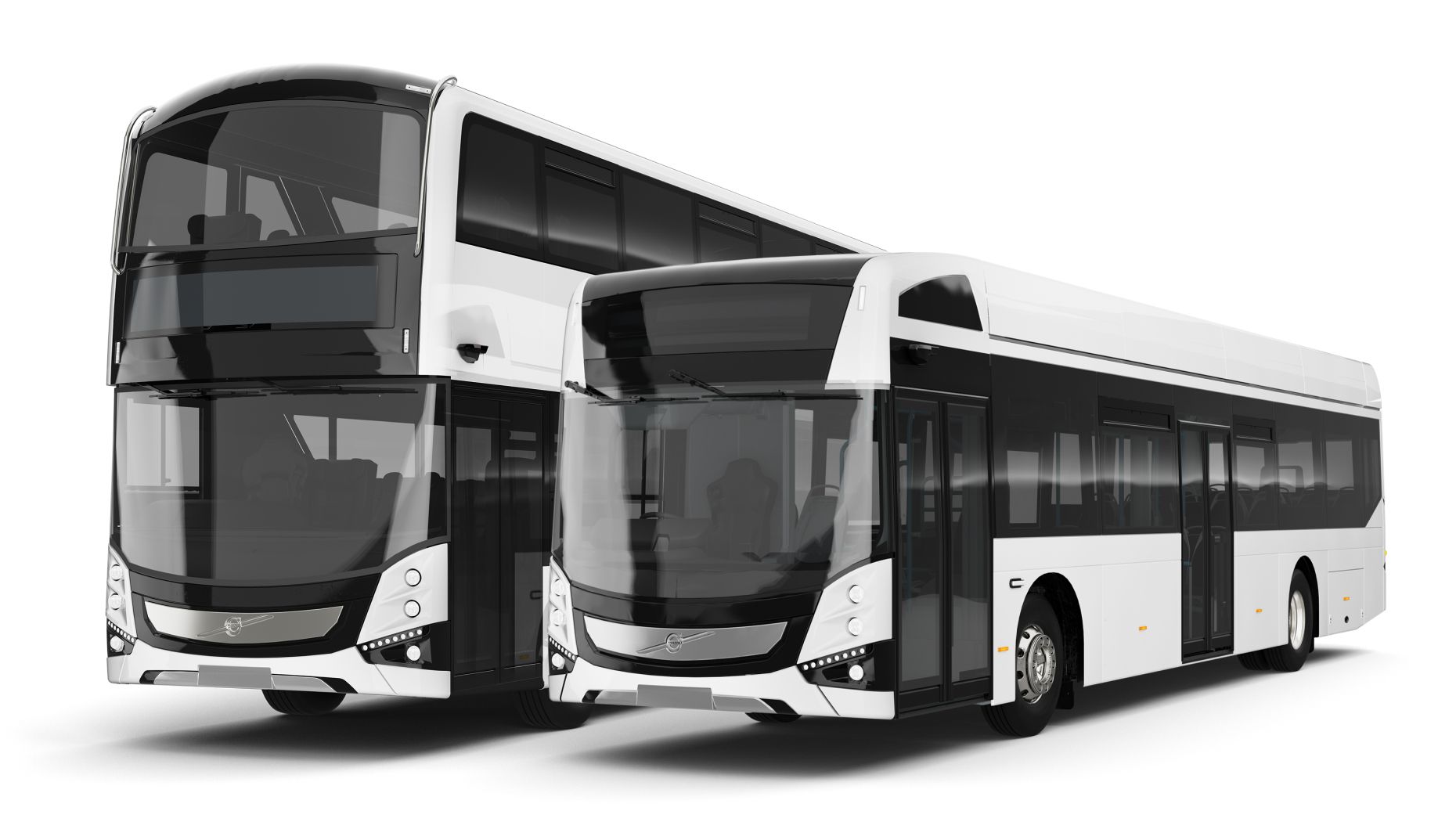 Two Volvo BZL Electric, one double-decker and one single-decker.