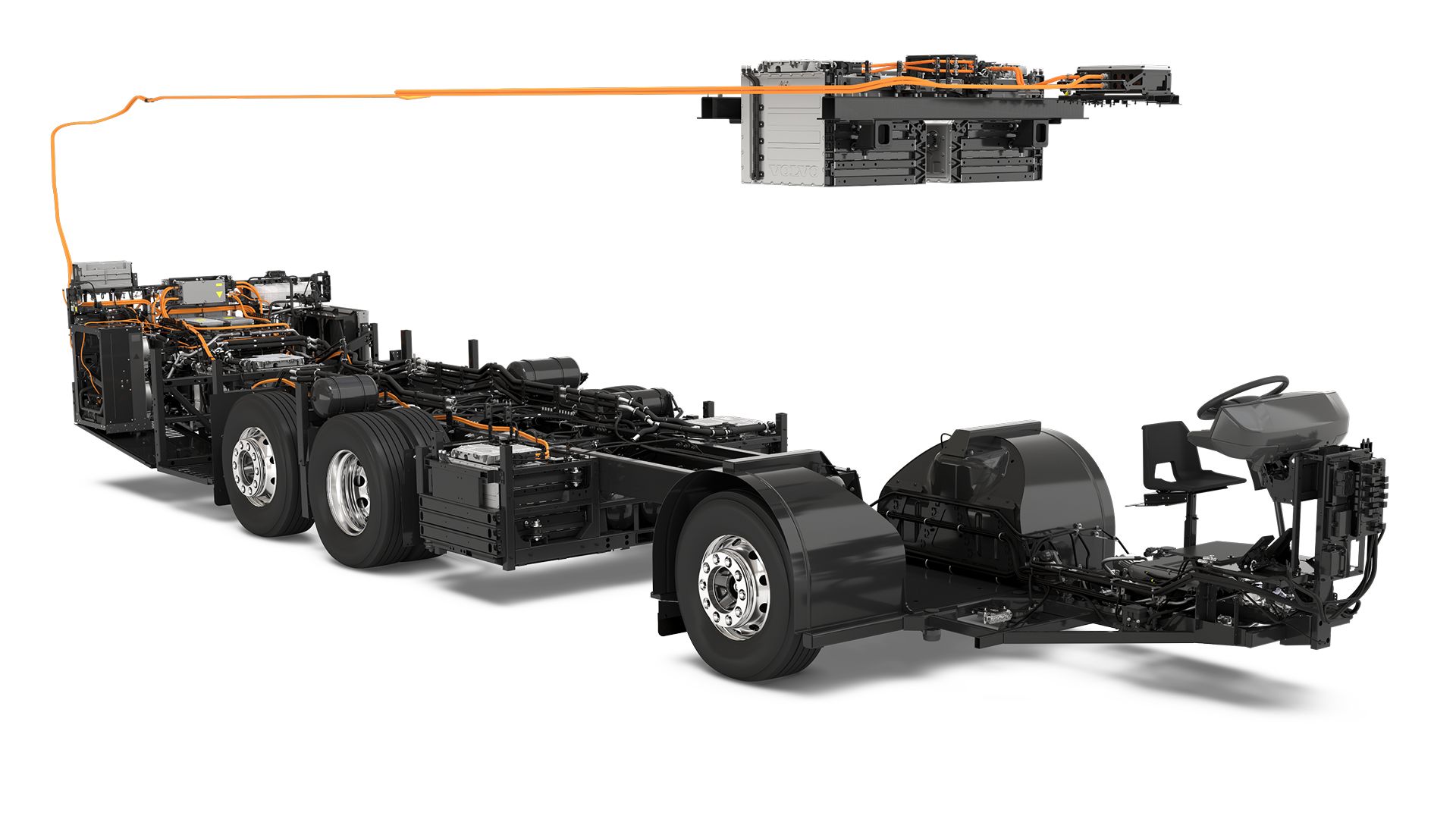 A Volvo BZR Electric Low Entry electric bus chassis