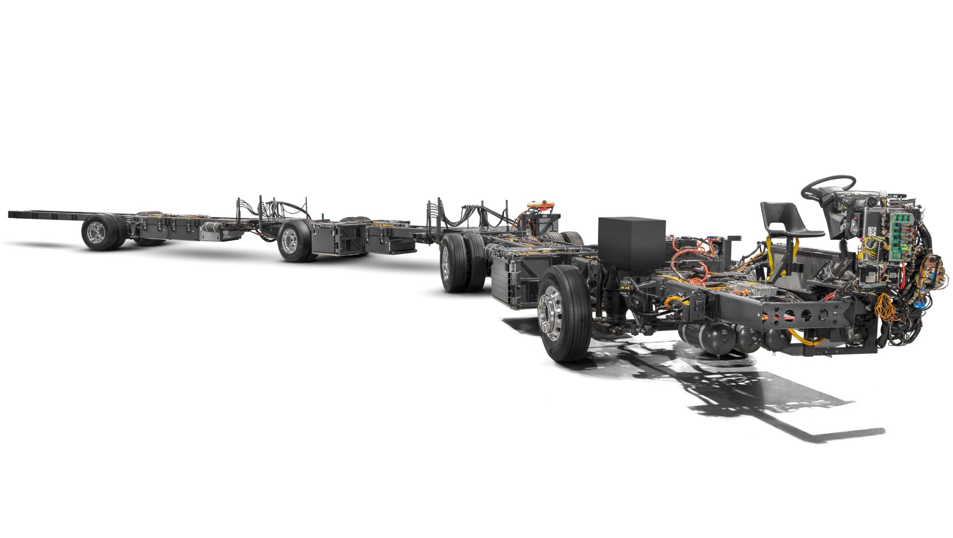 A Volvo BZRT Electric BI-Articulated bus chassis