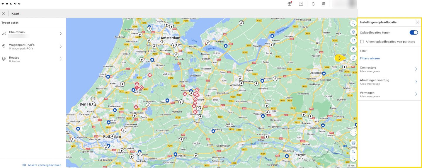 Kaart met laadstations in Volvo Connect
