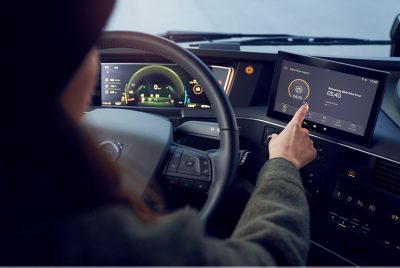 Volvo FH Aero gas-powered driving on road in the hills
