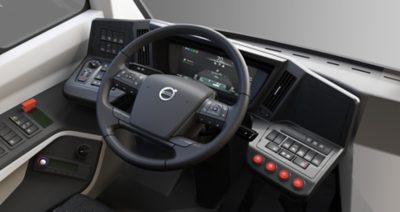 Picture of multifunction steering wheel and dashboard in a Volvo 8900 electric bus.