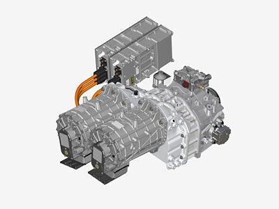 The dual-motor and transmission assembly of a Volvo BZRT Electric bus.