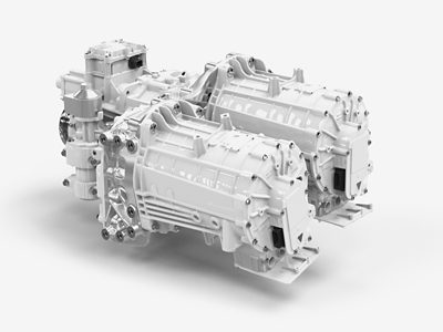 The dual-motor and transmission assembly of a Volvo 7800 Electric bus.