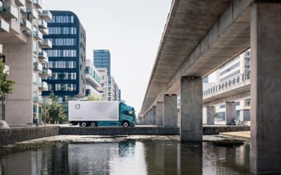 Volvo FM in city, viewed from the side