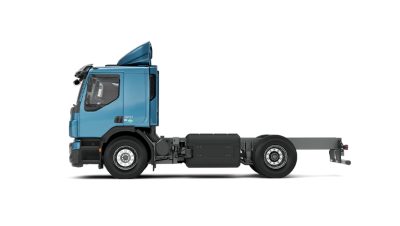 Side view of a Volvo FE CNG truck chassis on a clean white background.