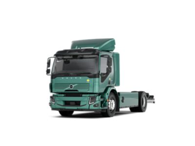 Volvo FE Electric truck shown in a clean studio setting from a front three‑quarter angle.