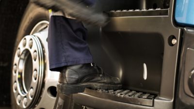 The Volvo FE entry steps features a slip-free coating