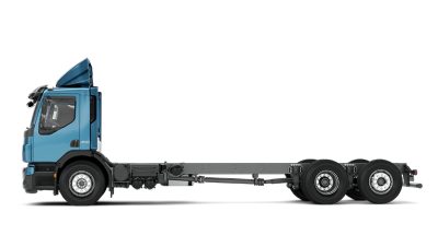 Side view of a Volvo FE truck chassis on a clean white background.