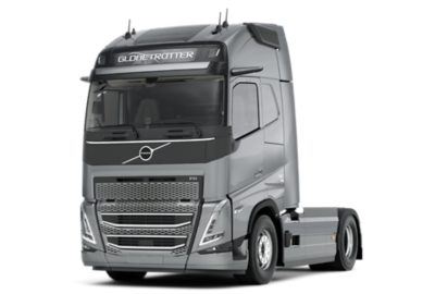 Widok studyjny z przodu i z boku szarego samochodu ciężarowego Volvo FH.