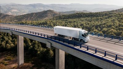 Ein Lkw fährt die Küste entlang, im Hintergrund Berge